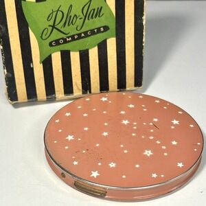 Vintage Rho-Jan Pink Star Metal Compact Round Mirrored‎ Powder Box Original Box